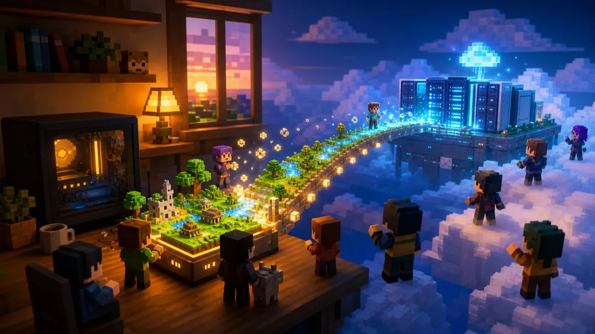 Windows PC에서 시작한 Minecraft 월드가 친구들과 함께 클라우드 서버로 이어지는 장면
